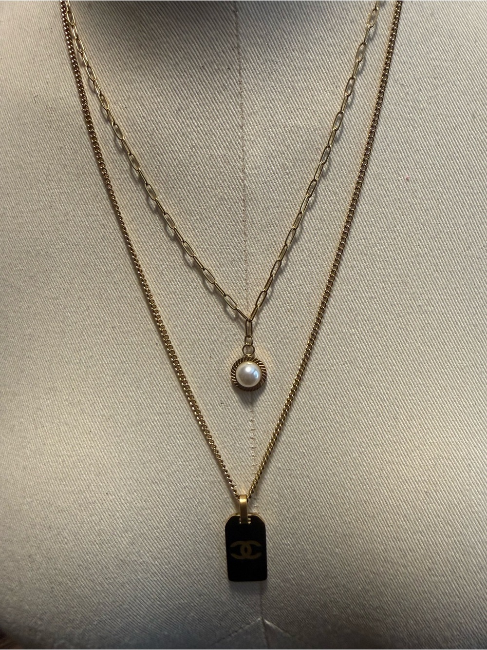 Upcycled imported C Gold Layered Necklace with Pearl Charm
